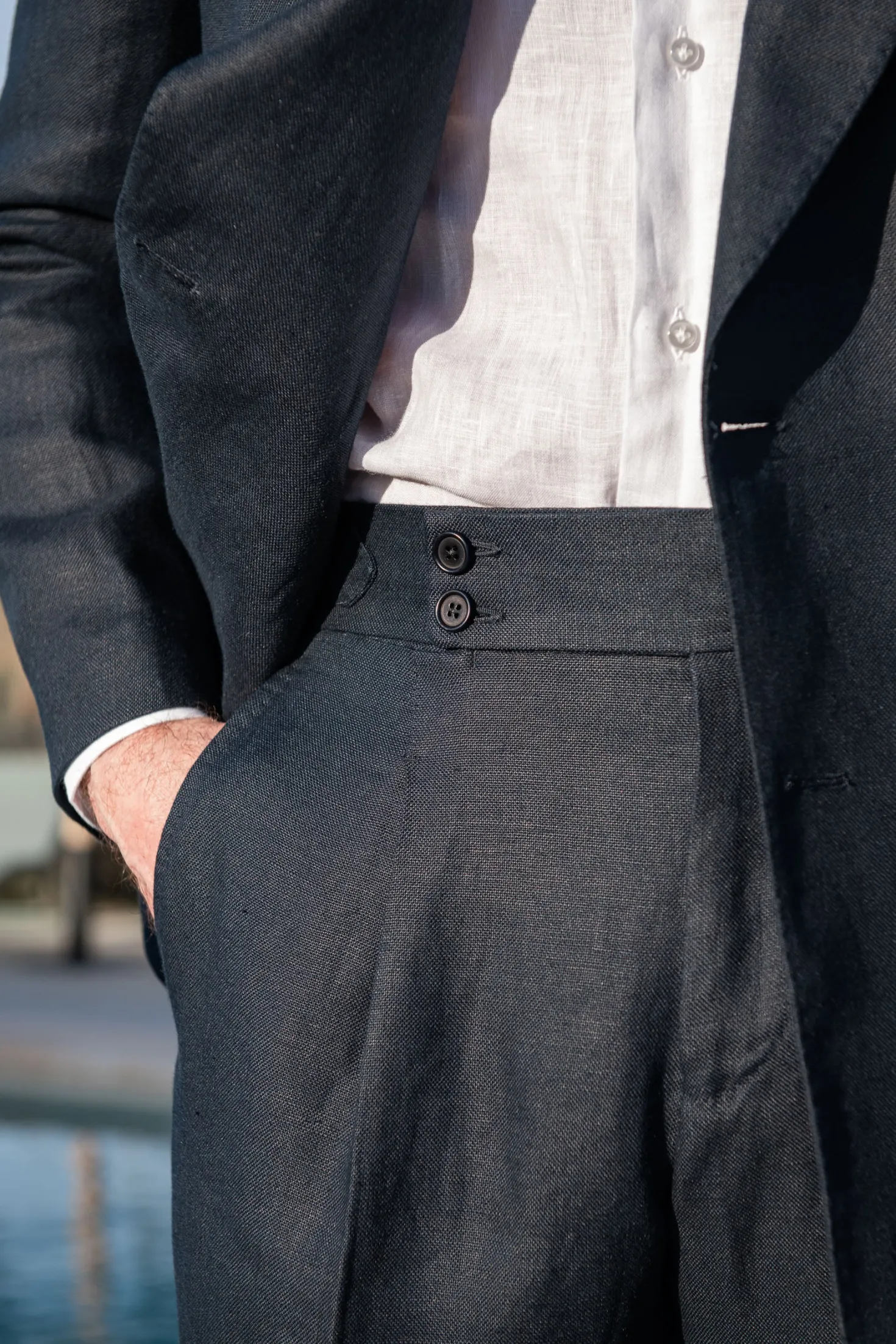 Veste croisée bleu marine en lin - Made in Italy