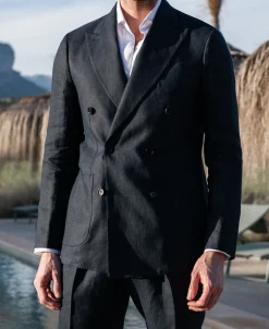 Veste croisée bleu marine en lin - Made in Italy