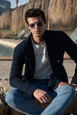 Veste croisée en jersey bleu marine - Made in Italy