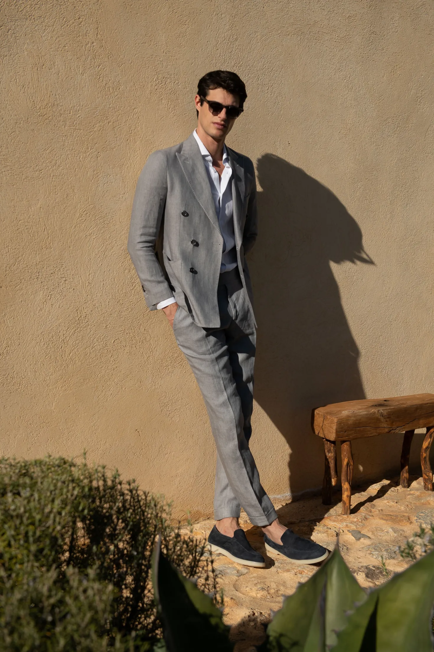 Veste croisée en lin Gris clair à chevrons - Made in Italy