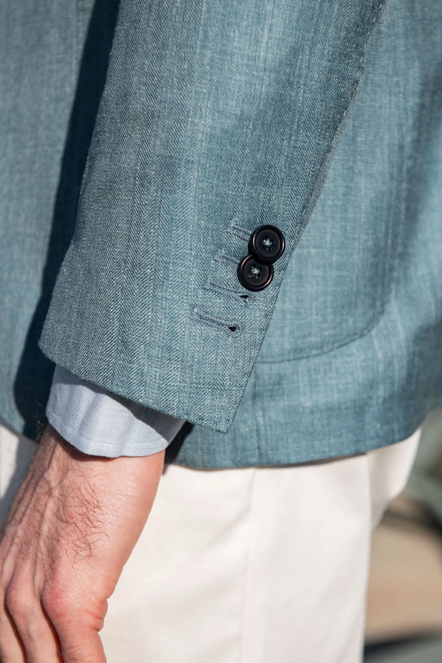 Veste vert d’eau à chevrons en laine, soie et lin - Made in Italy