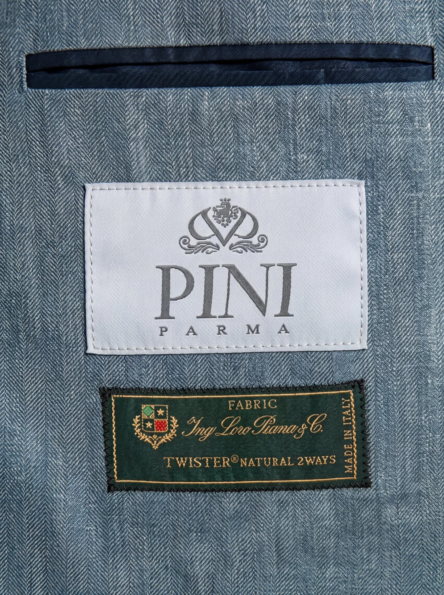 Veste vert d’eau à chevrons en laine, soie et lin - Made in Italy