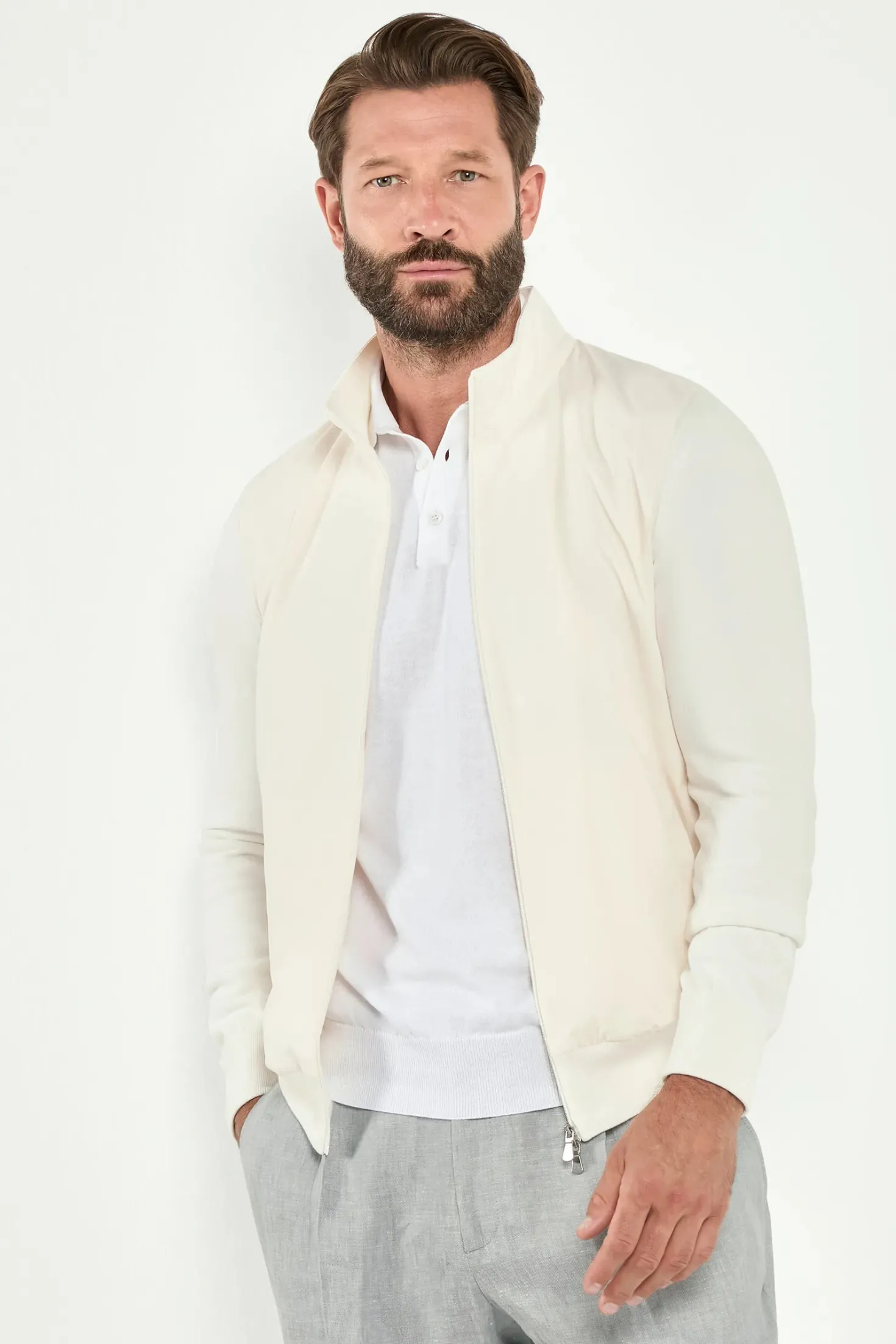 Veste zippée Blanc cassé en maille et nylon - Made in Italy
