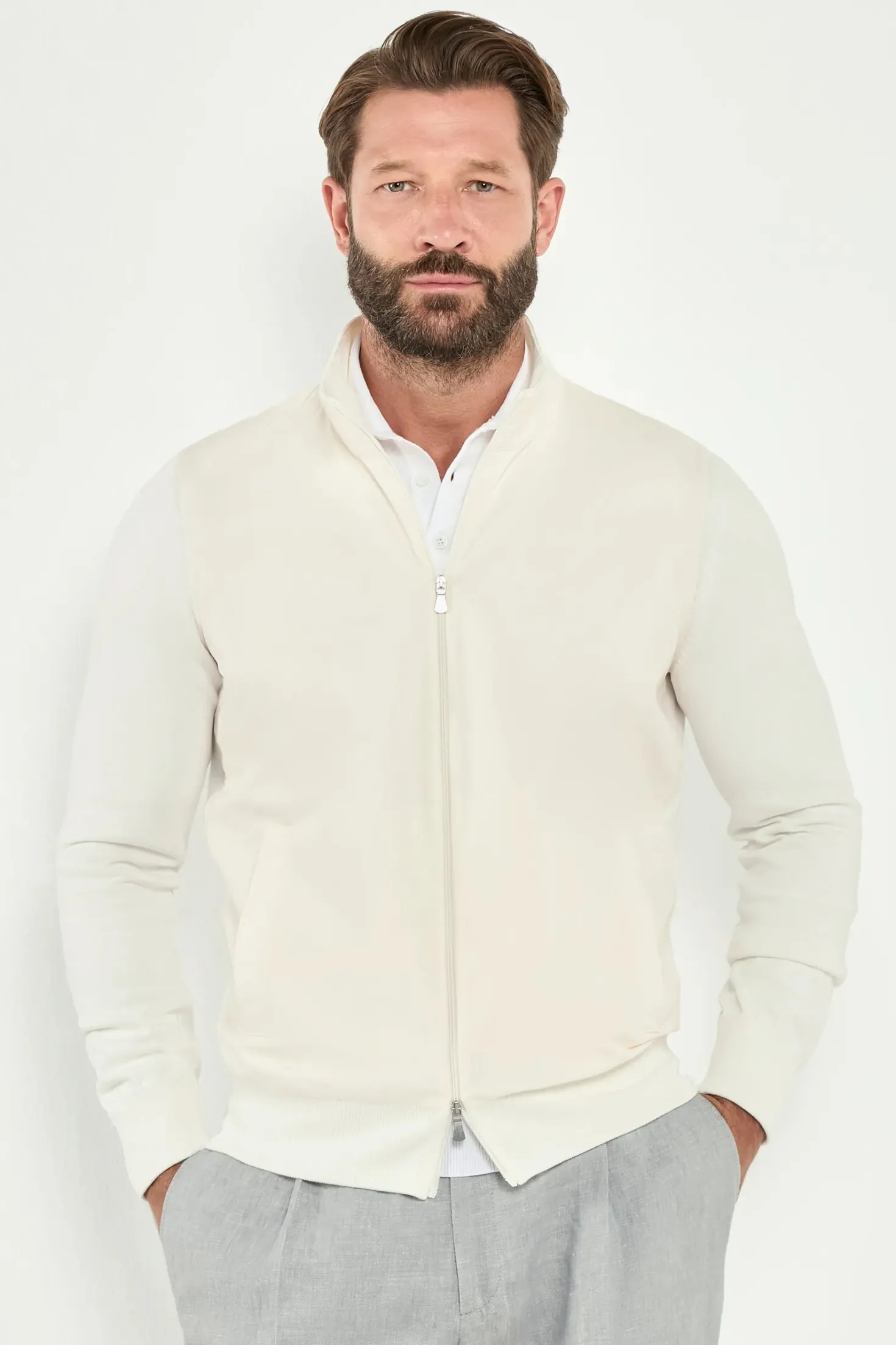 Veste zippée Blanc cassé en maille et nylon - Made in Italy
